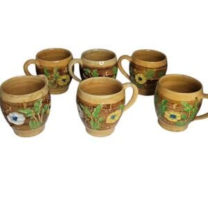 Set of 6 Primitive folk VINTAGE hand painted art pottery mug cup encised flowers